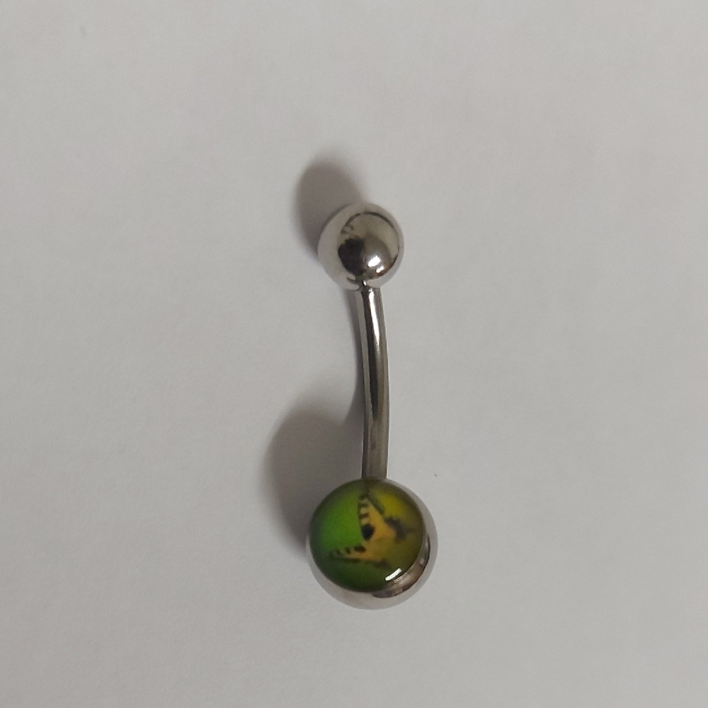 Silver Belly Button Ring with Green and Yellow Ball